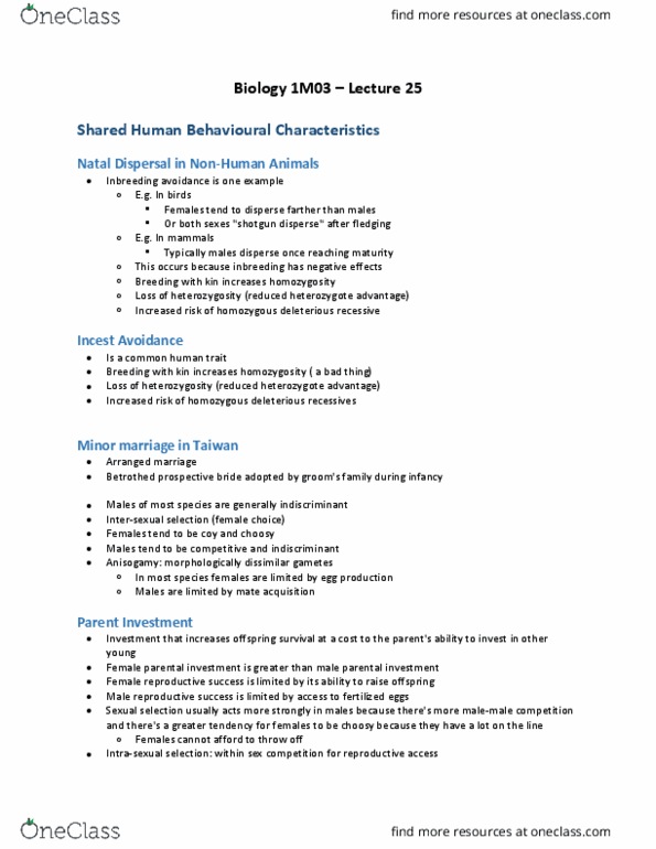 BIOLOGY 1M03 Lecture Notes - Lecture 25: Heterozygote Advantage, Zygosity, Anisogamy thumbnail