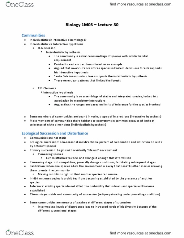 BIOLOGY 1M03 Lecture Notes - Lecture 30: Intermediate Disturbance Hypothesis, Ecological Succession, Primary Succession thumbnail