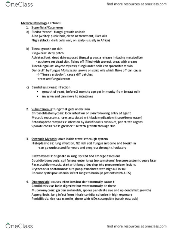 Biology 3218F/G Lecture Notes - Lecture 8: Tinea Versicolor, Pneumocystis Pneumonia, Penicilliosis thumbnail