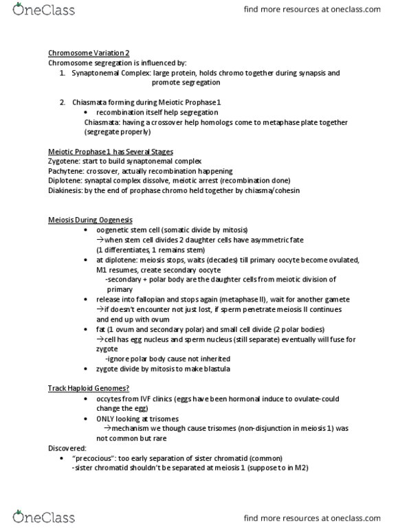 Biology 2581B Lecture Notes - Lecture 5: Synaptonemal Complex, Chromosome Segregation, Prophase thumbnail