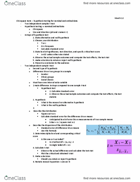 SOCIOL 3FF3 Lecture Notes - Lecture 9: Chi-Squared Distribution, Null Hypothesis, Standard Error thumbnail