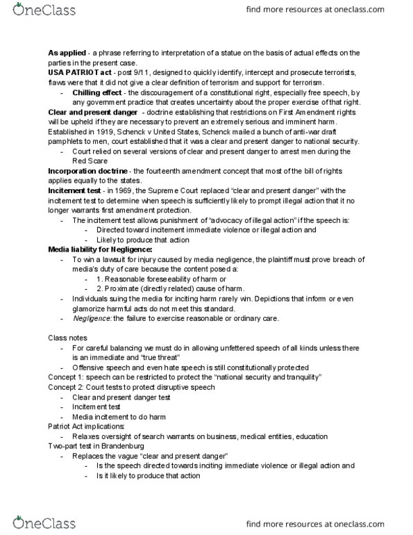 COM JO 525 Lecture Notes - Lecture 3: Incorporation Of The Bill Of Rights, Symbolic Speech thumbnail