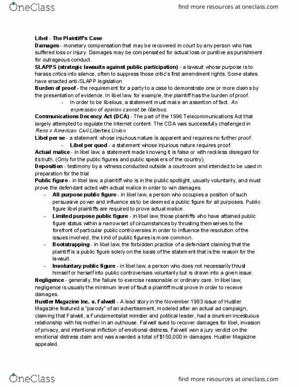 COM JO 525 Lecture Notes - Lecture 5: American Civil Liberties Union, Telecommunications Act Of 1996, Actual Malice thumbnail