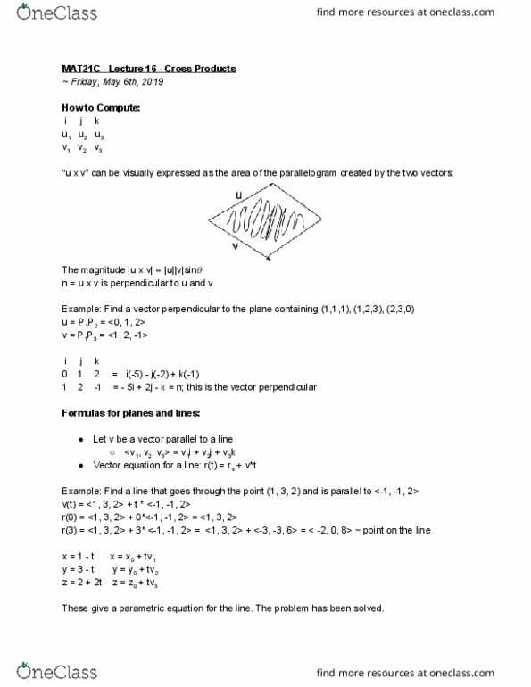 MAT 21C Lecture Notes - Lecture 16: Parametric Equation, Parallelogram cover image