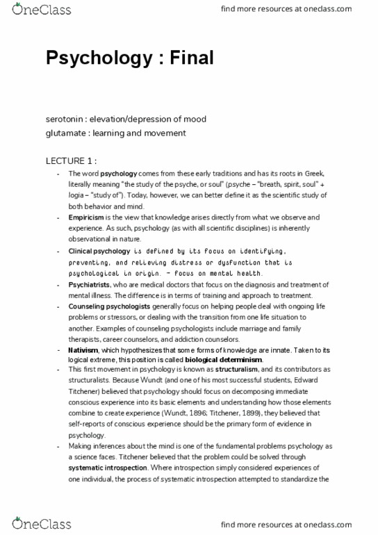 PSYC 215 Lecture Notes - Edward B. Titchener, Clinical Psychology, Wilhelm Wundt thumbnail