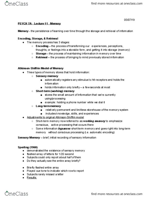 PSYCH 7A Lecture Notes - Lecture 11: Storage (Memory), Sensory Memory, Echoic Memory thumbnail