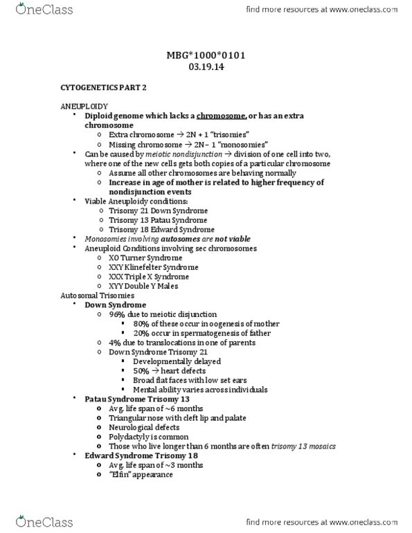 MBG 1000 Chapter Notes -Klinefelter Syndrome, Triple X Syndrome, Edwards Syndrome thumbnail