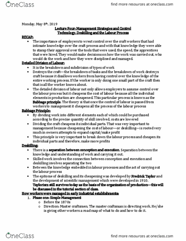 SOCI 3600 Lecture Notes - Lecture 4: Deskilling, Scientific Management, Mcdonaldization thumbnail