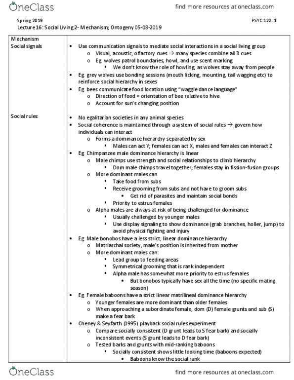 PSYC 122 Lecture Notes - Lecture 16: Waggle Dance, Ontogeny, Estrous Cycle thumbnail