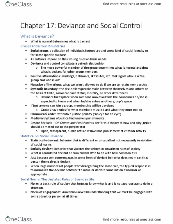 SOC 1300 Chapter Notes - Chapter 17: Cesare Beccaria, Social Control, Retributive Justice thumbnail