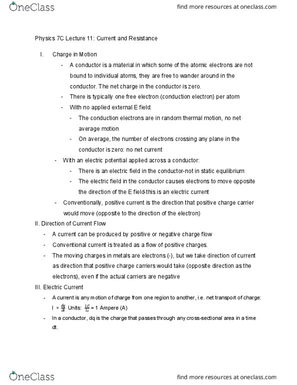 PHYSICS 7D Lecture Notes - Lecture 11: Valence And Conduction Bands, Charge Carrier, Electric Current cover image