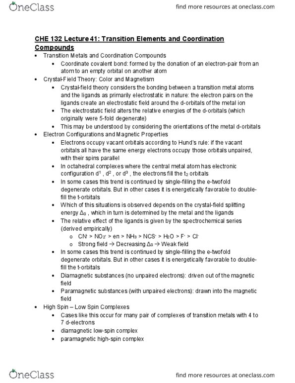 CHE 132 Lecture Notes - Lecture 44: Spectrochemical Series, Coordinate Covalent Bond, Transition Metal cover image