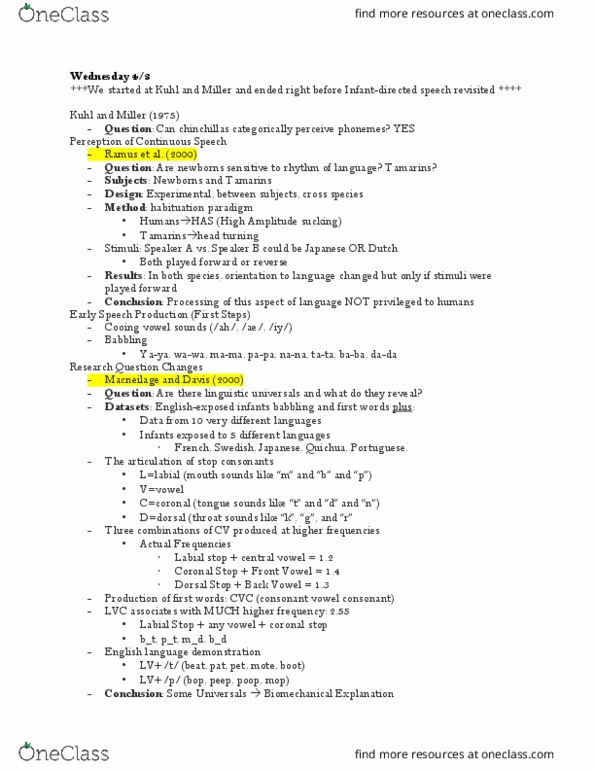 L33 Psych 321 Lecture Notes - Lecture 15: Linguistic Universal, Habituation, Cochlear Implant thumbnail