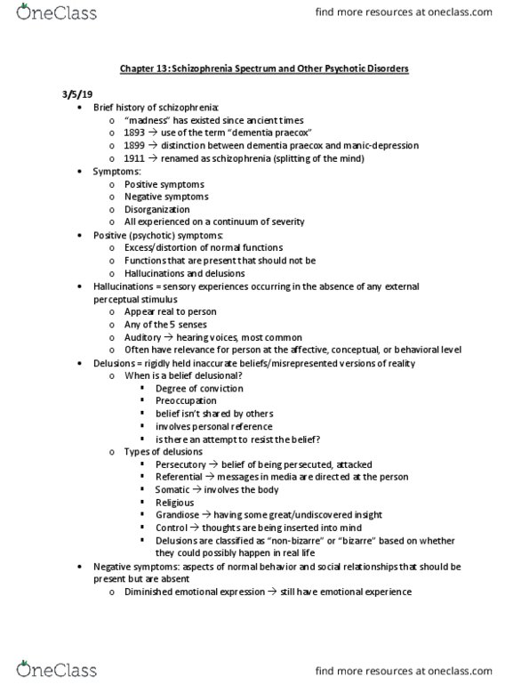 L33 Psych 354 Chapter Notes - Chapter 13: Dementia Praecox, Brief Psychotic Disorder, Delusional Disorder thumbnail