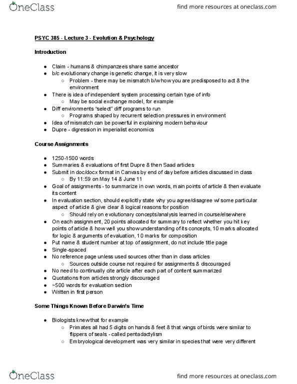 PSYC 385 Lecture Notes - Lecture 2: Prenatal Development, Evolutionary Psychology, Social Darwinism thumbnail