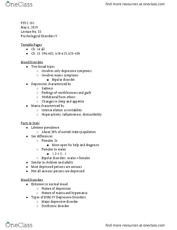 PSYC 101 Lecture Notes - Lecture 33: Bipolar Disorder, Hypomania, Dysthymia thumbnail