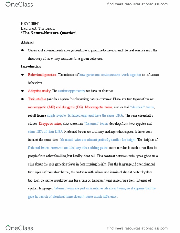 PSY100H1 Chapter Notes - Chapter 3: Twin Study, Twin, Behavioural Genetics thumbnail