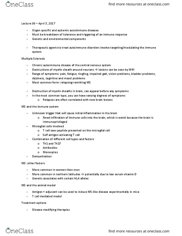 MIMM 214 Lecture Notes - Lecture 35: Microglia, Multiple Sclerosis, T Helper 17 Cell thumbnail