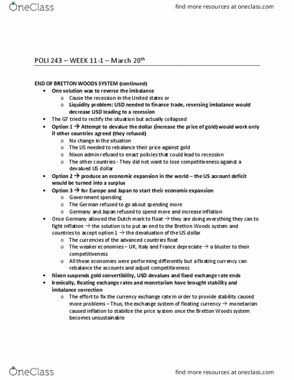 POLI 243 Lecture Notes - Lecture 11: Bretton Woods System, Monetarism, Government Spending thumbnail