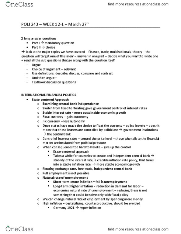 POLI 243 Lecture Notes - Lecture 12: Floating Exchange Rate, Full Employment, Deflation thumbnail