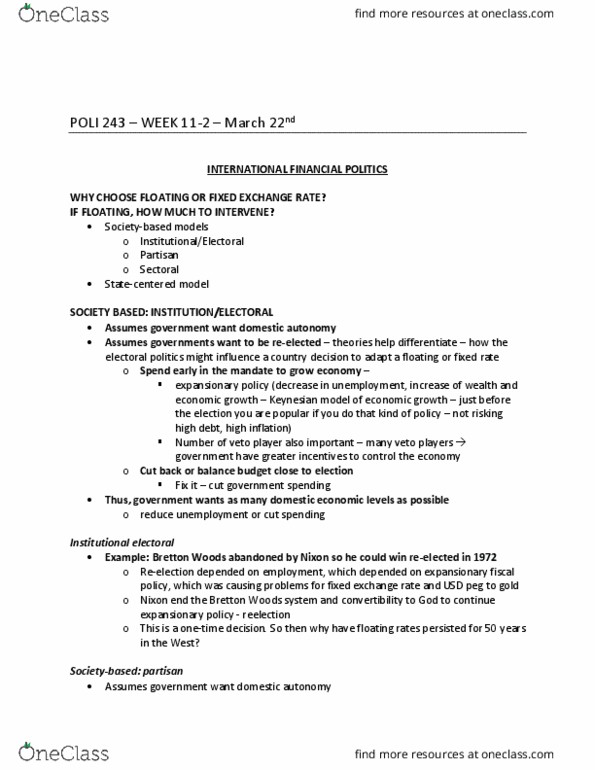 POLI 243 Lecture Notes - Lecture 11: Bretton Woods System, Floating Exchange Rate, George Tsebelis thumbnail