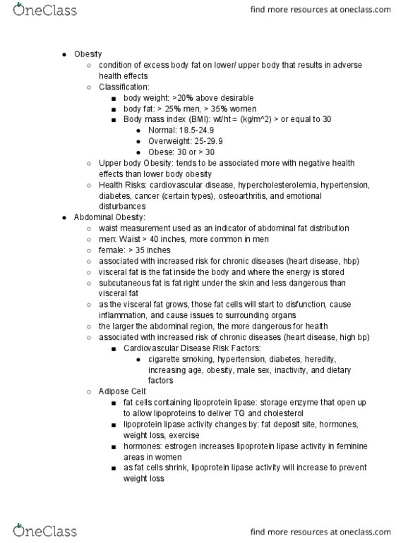 NUT 10 Chapter Notes - Chapter 6: Lipoprotein Lipase, Subcutaneous Tissue, Cardiovascular Disease thumbnail