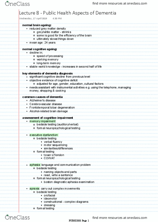 PUBH2008 Lecture Notes - Lecture 8: Boston Diagnostic Aphasia Examination, Frontotemporal Lobar Degeneration, Cerebrovascular Disease thumbnail