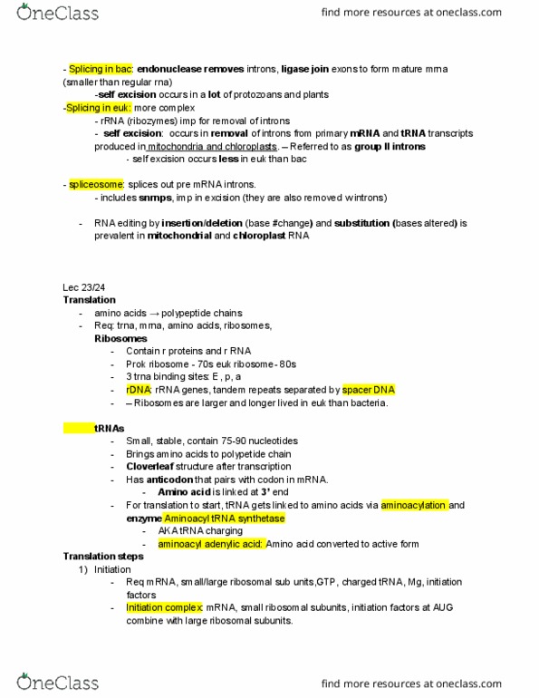 BIO 303 Lecture Notes - Lecture 22: Aminoacyl Trna Synthetase, Rna Editing, Intron thumbnail