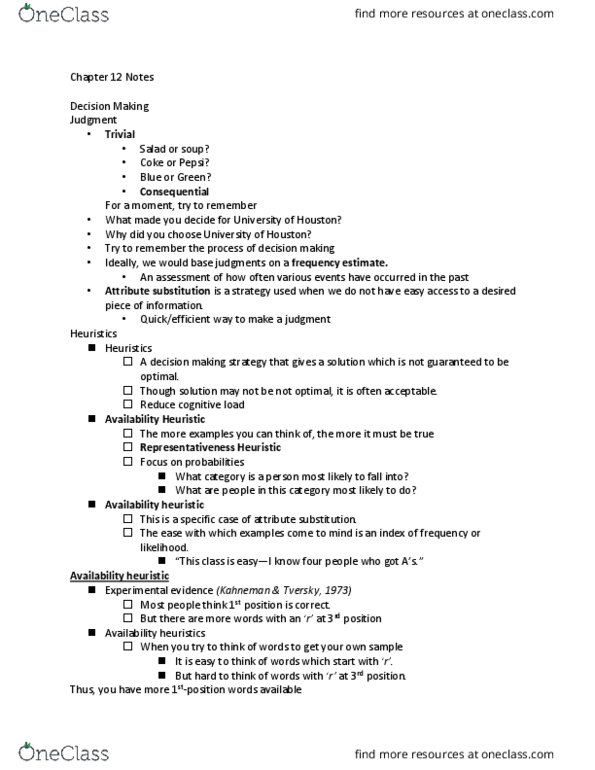 PSYC 3350 Chapter Notes - Chapter 12: Attribute Substitution, Availability Heuristic, Representativeness Heuristic thumbnail