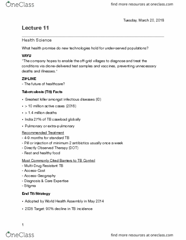 Health Sciences 1002A/B Lecture Notes - Lecture 11: World Health Assembly, Tuberculosis, Sputum thumbnail