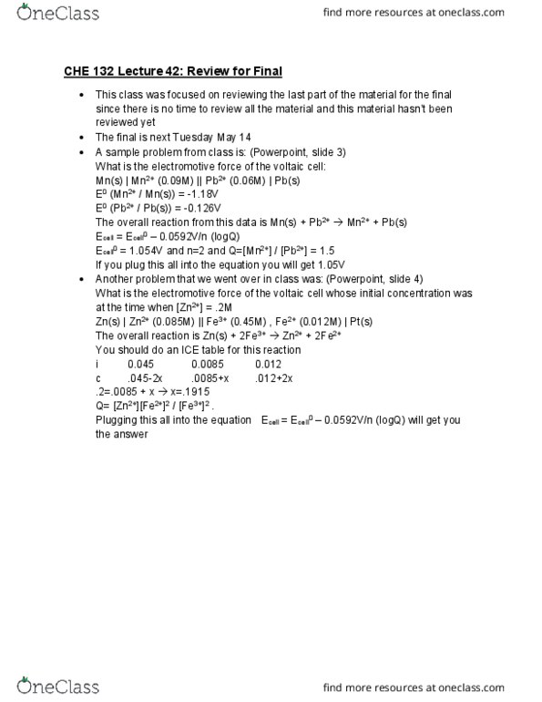 CHE 132 Lecture Notes - Lecture 45: Electromotive Force, Royal Aircraft Factory F.E.2, Rice Chart cover image