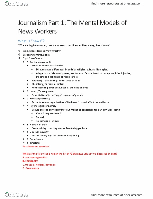 JTC 100 Lecture Notes - Lecture 1: News Values thumbnail