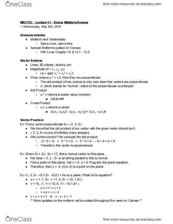 MAT 21C Lecture Notes - Lecture 17: Dot Product cover image