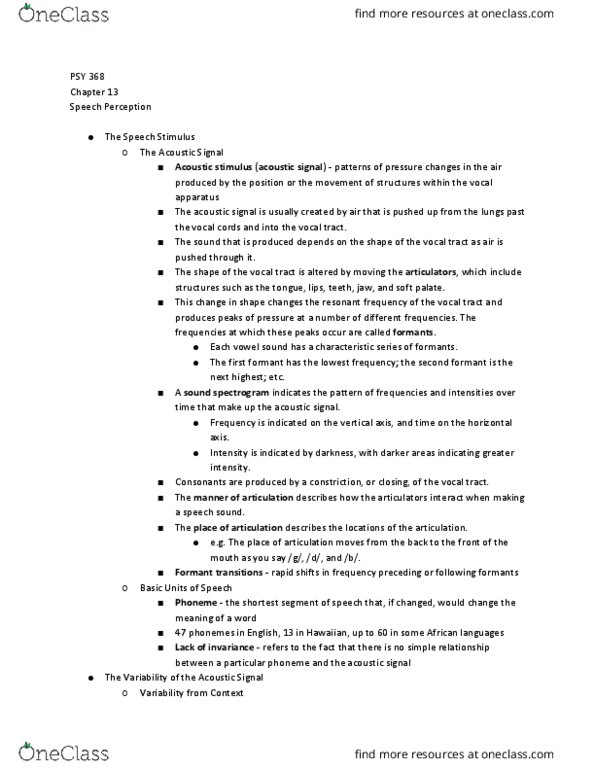 PSY 368 Chapter Notes - Chapter 13: Vocal Tract, Speech Perception, Formant thumbnail