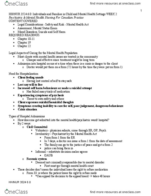 NURS 3524 Lecture Notes - Lecture 2: Nursing Assessment, Mental Disorder, Mood Disorder thumbnail