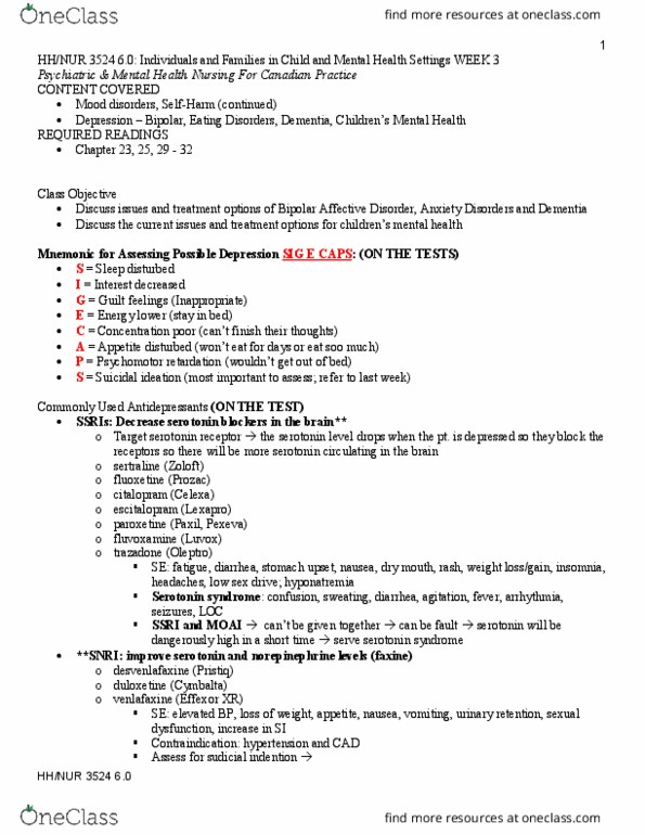 NURS 3524 Lecture Notes - Lecture 3: Desvenlafaxine, 5-Ht Receptor, Psychomotor Retardation thumbnail