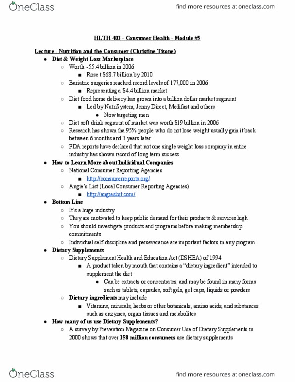 HLTH 403 Lecture Notes - Lecture 5: Credit Bureau, Medifast, Nutrisystem thumbnail
