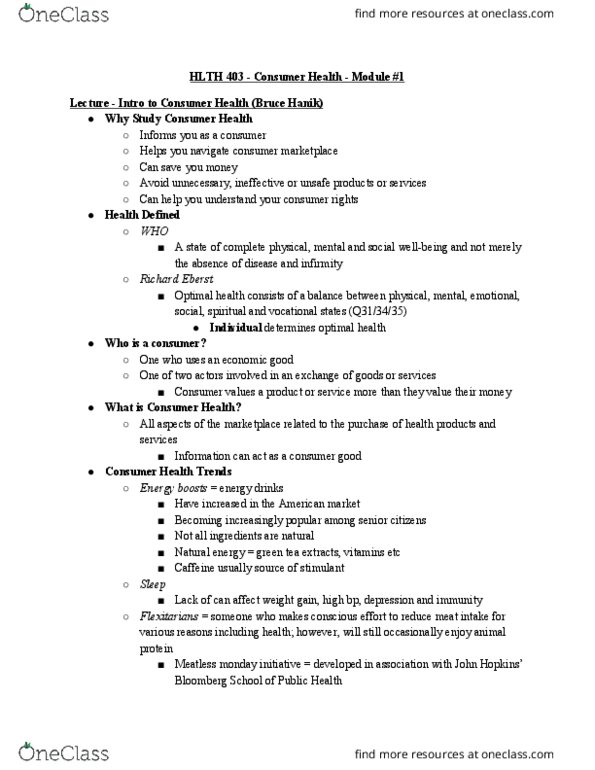 HLTH 403 Lecture Notes - Lecture 1: Meatless Monday, Semi-Vegetarianism, Final Good thumbnail