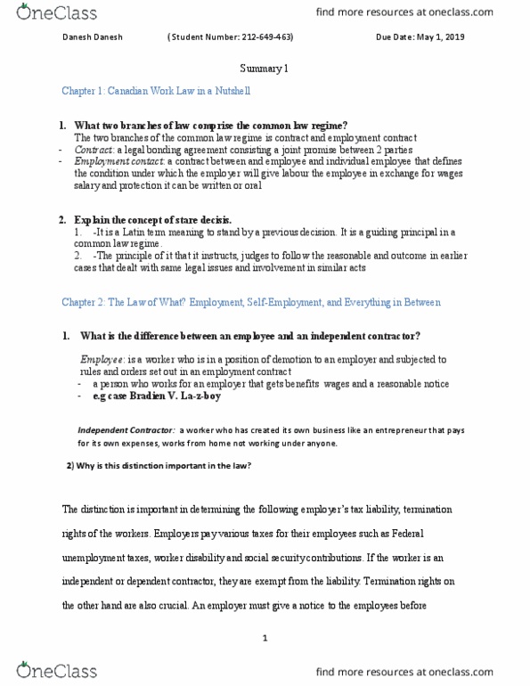 HRM 3420 Lecture Notes - Lecture 1: Precedent, Independent Contractor, Due Date thumbnail