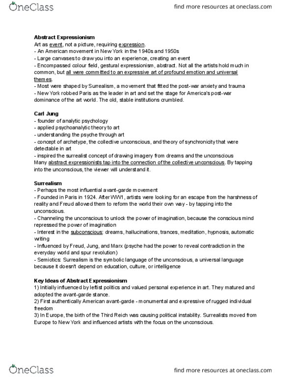 ARTH 2480 Lecture Notes - Lecture 12: Abstract Expressionism, Carl Jung, Color Field thumbnail