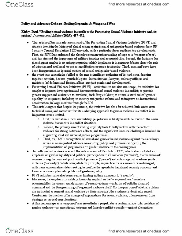 POLSCI 389 Chapter Notes - Chapter 12: United Nations Security Council Resolution 1325, Wartime Sexual Violence, Forced Abortion thumbnail