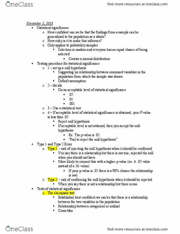 SOC 380 Lecture Notes - Lecture 17: Null Hypothesis, Chi-Squared Distribution, Statistical Significance thumbnail