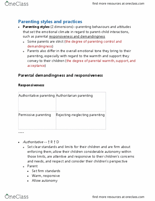 PSYC 351 Lecture Notes - Lecture 28: Parenting Styles thumbnail