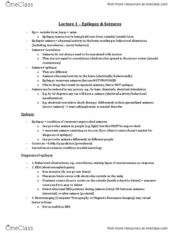 Physiology 4600A/B Lecture Notes - Lecture 1: Epileptic Seizure, Magnetic Resonance Imaging, Ct Scan thumbnail