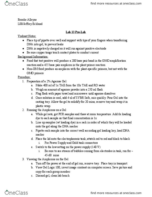 BIO-L204 Lecture Notes - Lecture 13: Amplicon, Agarose, Sybr Green I thumbnail