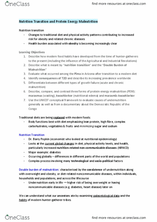 FNH 355 Lecture Notes - Lecture 5: Nutrition Transition, Double Burden, Kwashiorkor thumbnail