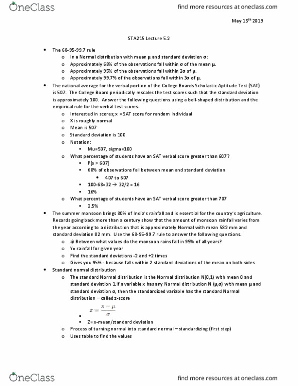 STA215H5 Lecture Notes - Lecture 5: Normal Distribution, College Board, Standard Score thumbnail
