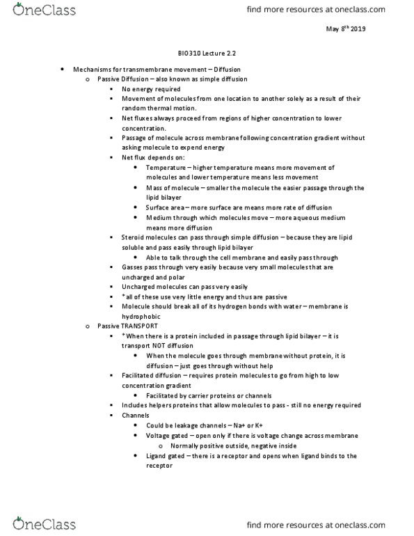 BIO310H5 Lecture Notes - Lecture 2: Lipid Bilayer, Facilitated Diffusion, Passive Transport thumbnail