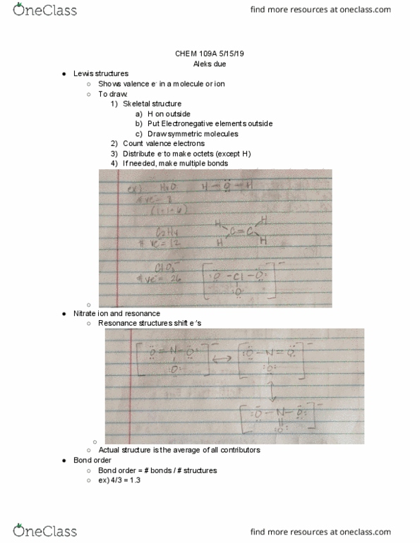CHEM 1A Lecture Notes - Lecture 20: Bond Order, Electronegativity, Formal Charge thumbnail