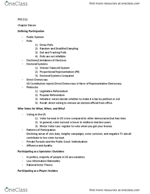 POS 211 Lecture Notes - Lecture 11: Stratified Sampling, Proportional Representation, Rationality thumbnail